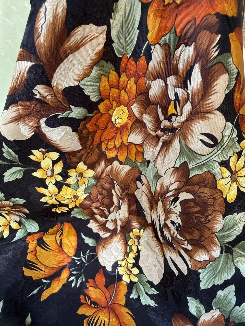 Vintage Floral Black and Orange Silk Scarf